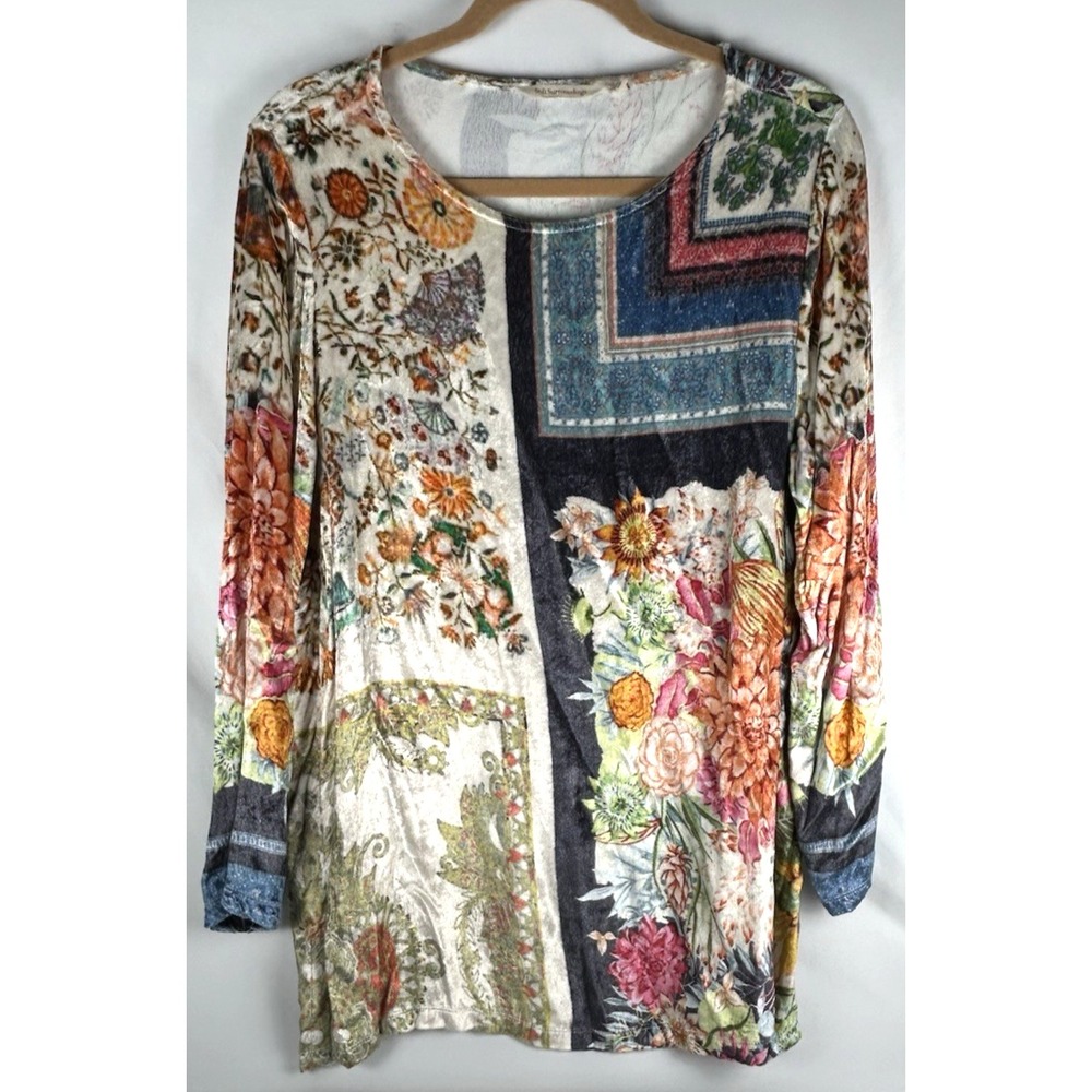 Soft Surroundings Floral Patchwork Velvet Top Womens L Viscose Pullover Boho